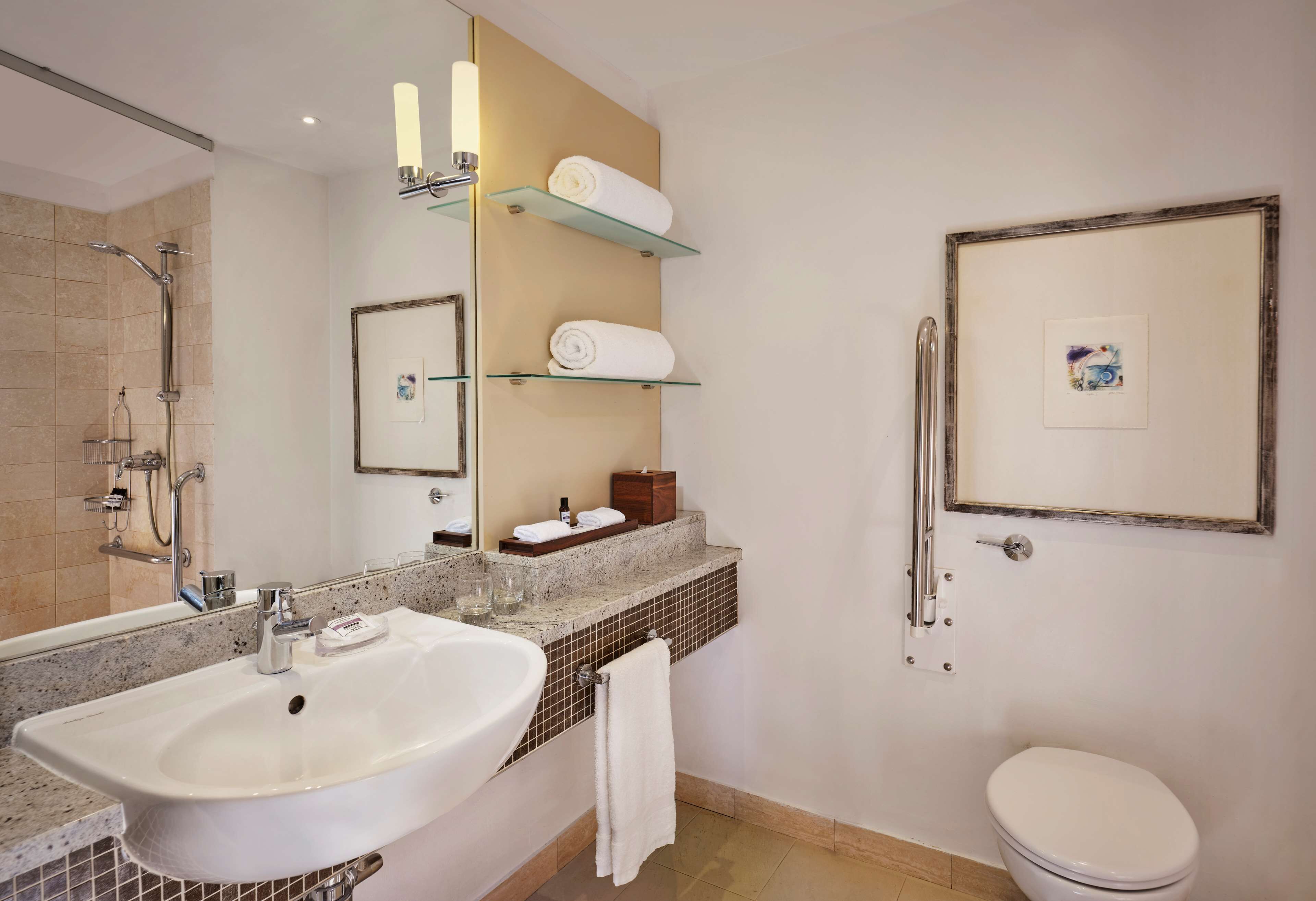 A modern bathroom with a large sink, a shower, and a toilet. There are shelves with towels and a framed picture on the wall.