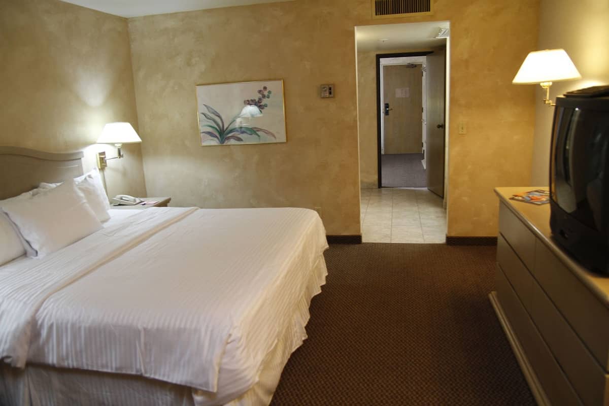 A hotel room with a bed, bedside lamps, a television, a dresser, and a painting on the wall.