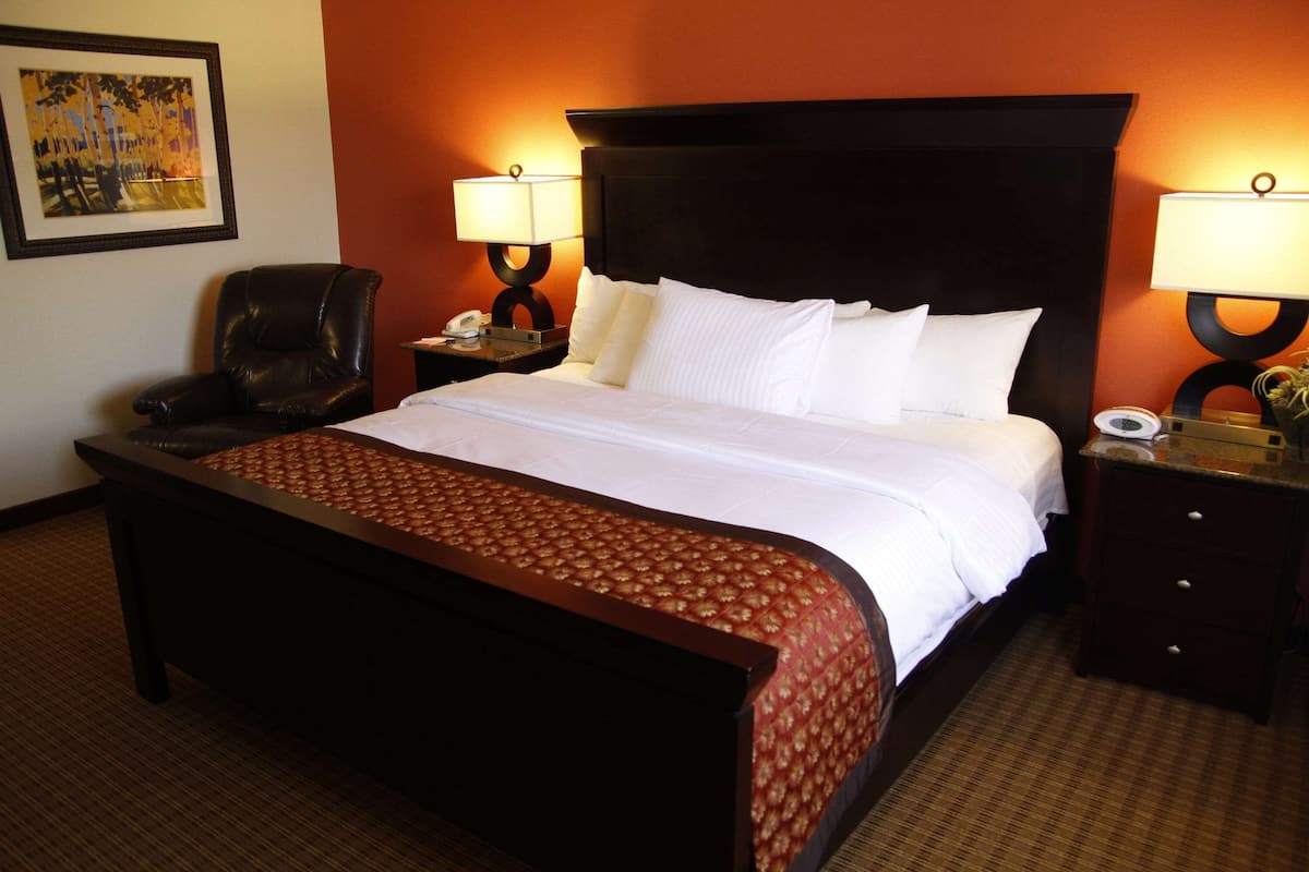 A hotel room with a large bed, a chair, two bedside tables with lamps, and a framed picture on the wall.