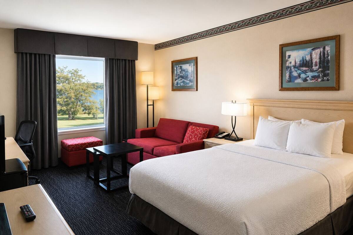 Una habitación de hotel con una cama grande, un sofá rojo, una mesita, un escritorio con silla, una lámpara y dos cuadros en la pared.