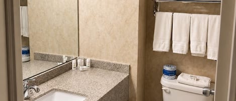 Une salle de bain équipée d’un lavabo, d’un miroir, de toilettes et d’un porte-serviettes.
