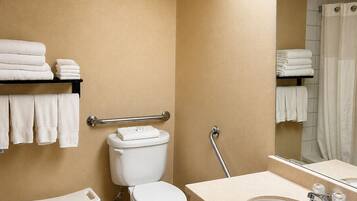 Ein Badezimmer mit Toilette, Waschbecken und Duschvorhang.