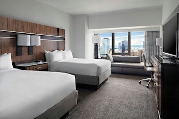 Down comforters, in-room safe, desk, laptop workspace at New York Marriott Marquis
