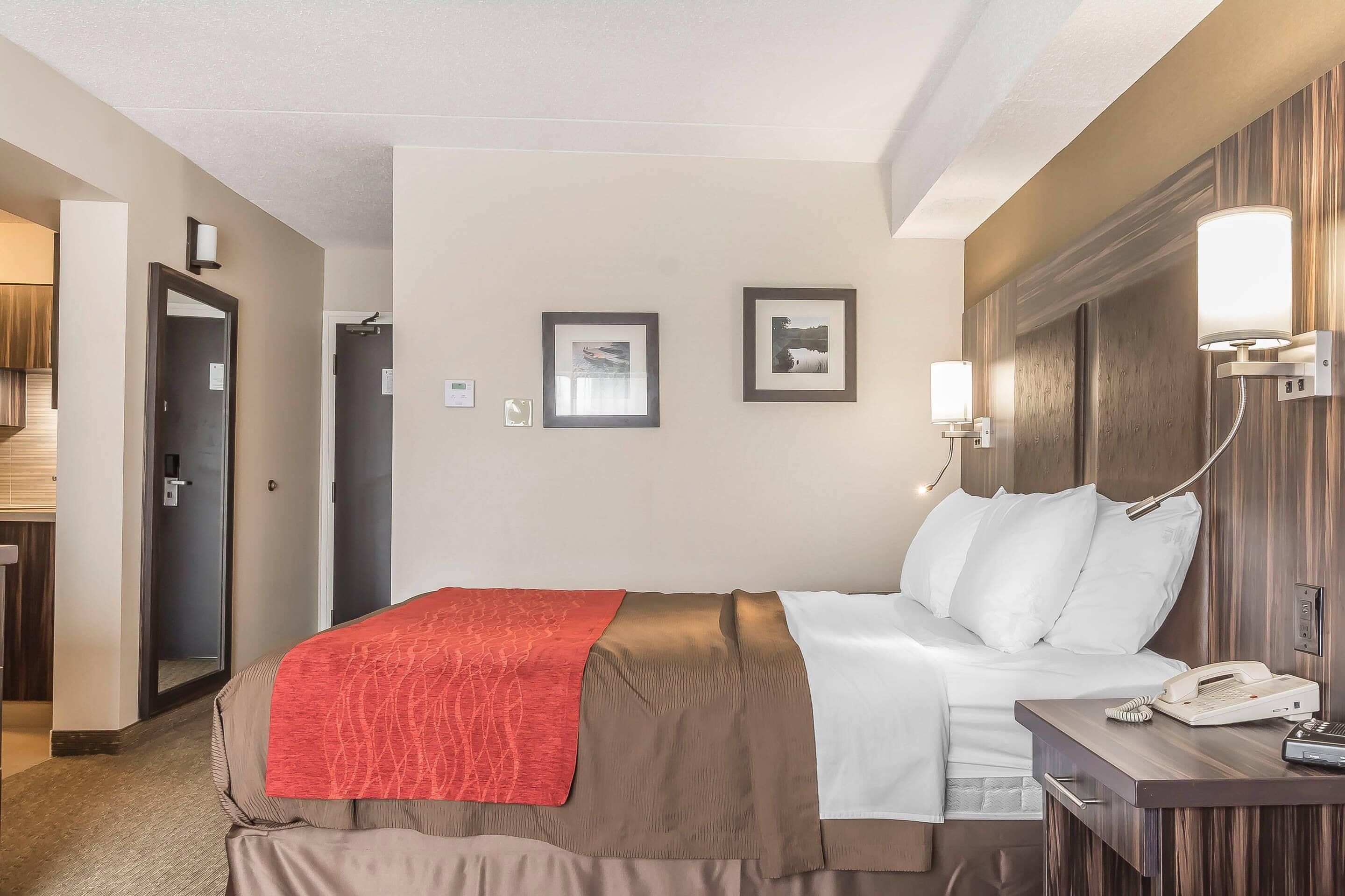 Premium bedding, blackout curtains, iron/ironing board