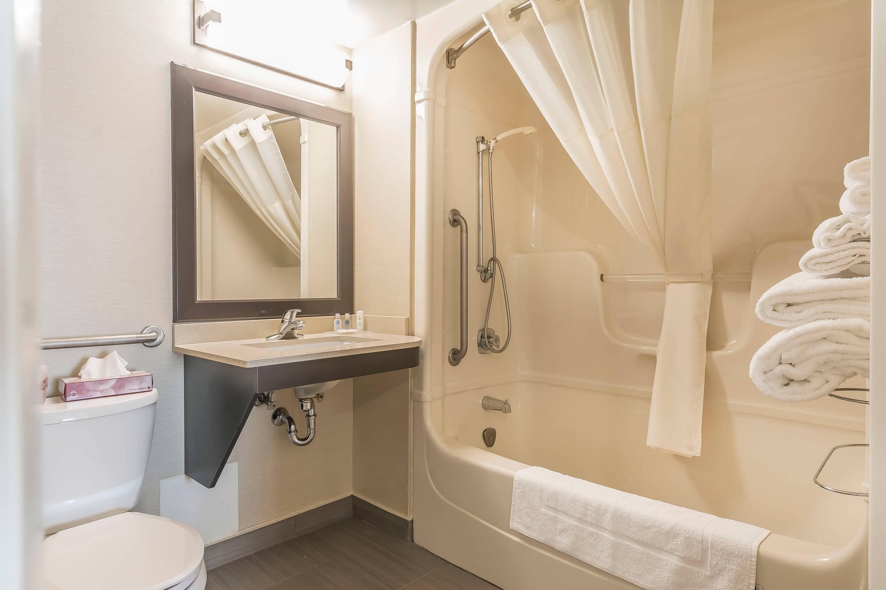 Ein Badezimmer mit Toilette, Waschbecken, Spiegel, Dusche und Handtuchhalter.