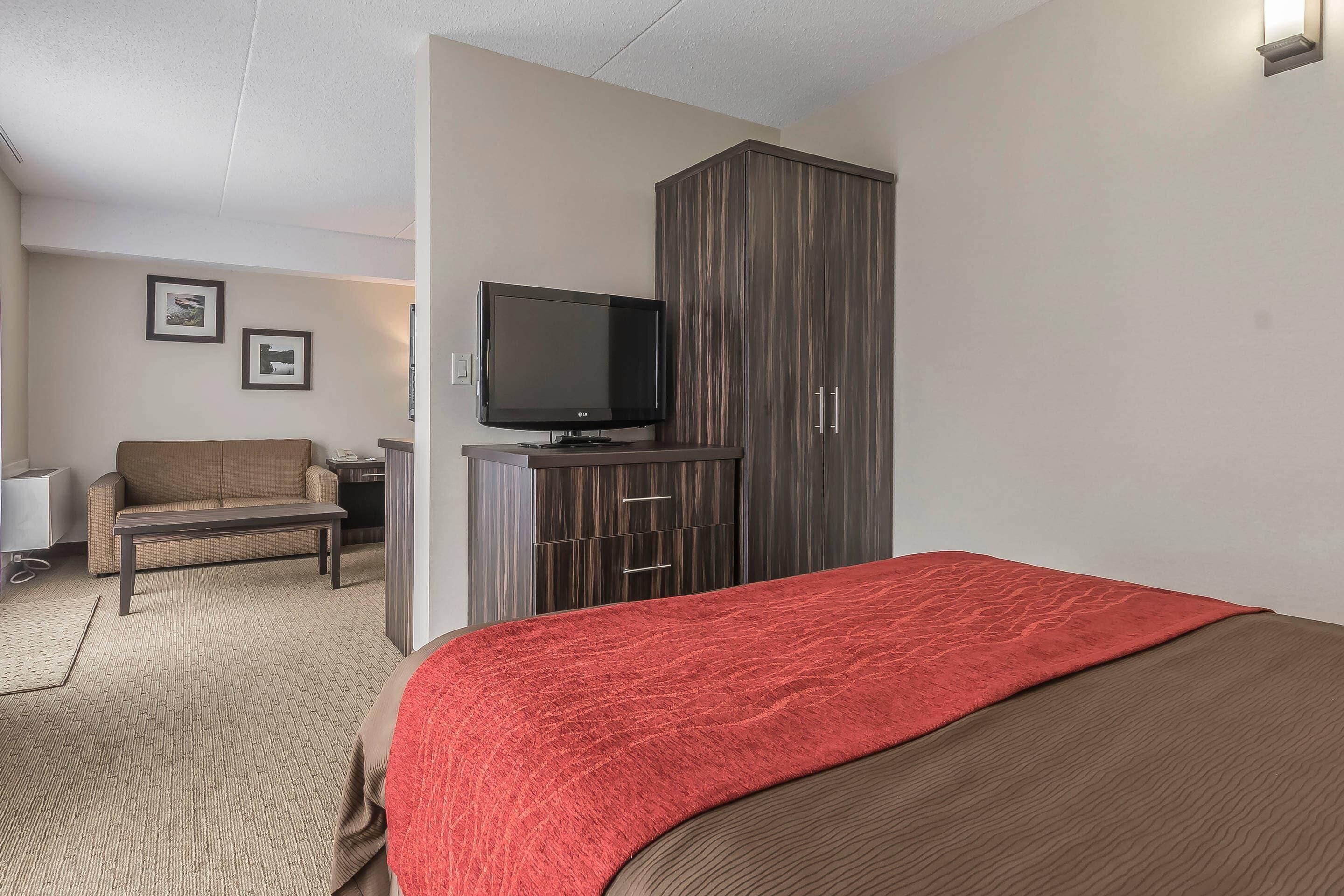Een hotelkamer met een bed, een televisie, een kledingkast, een bank en een klein tafeltje.
