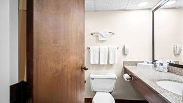 A bathroom with a toilet, a sink, a mirror, and a towel rack.