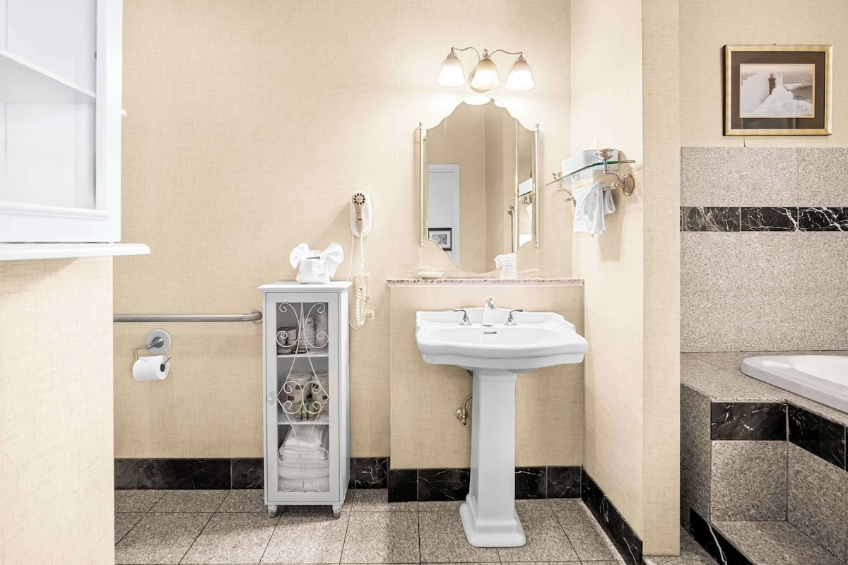 combined shower/bathtub, free toiletries, hair dryer, towels