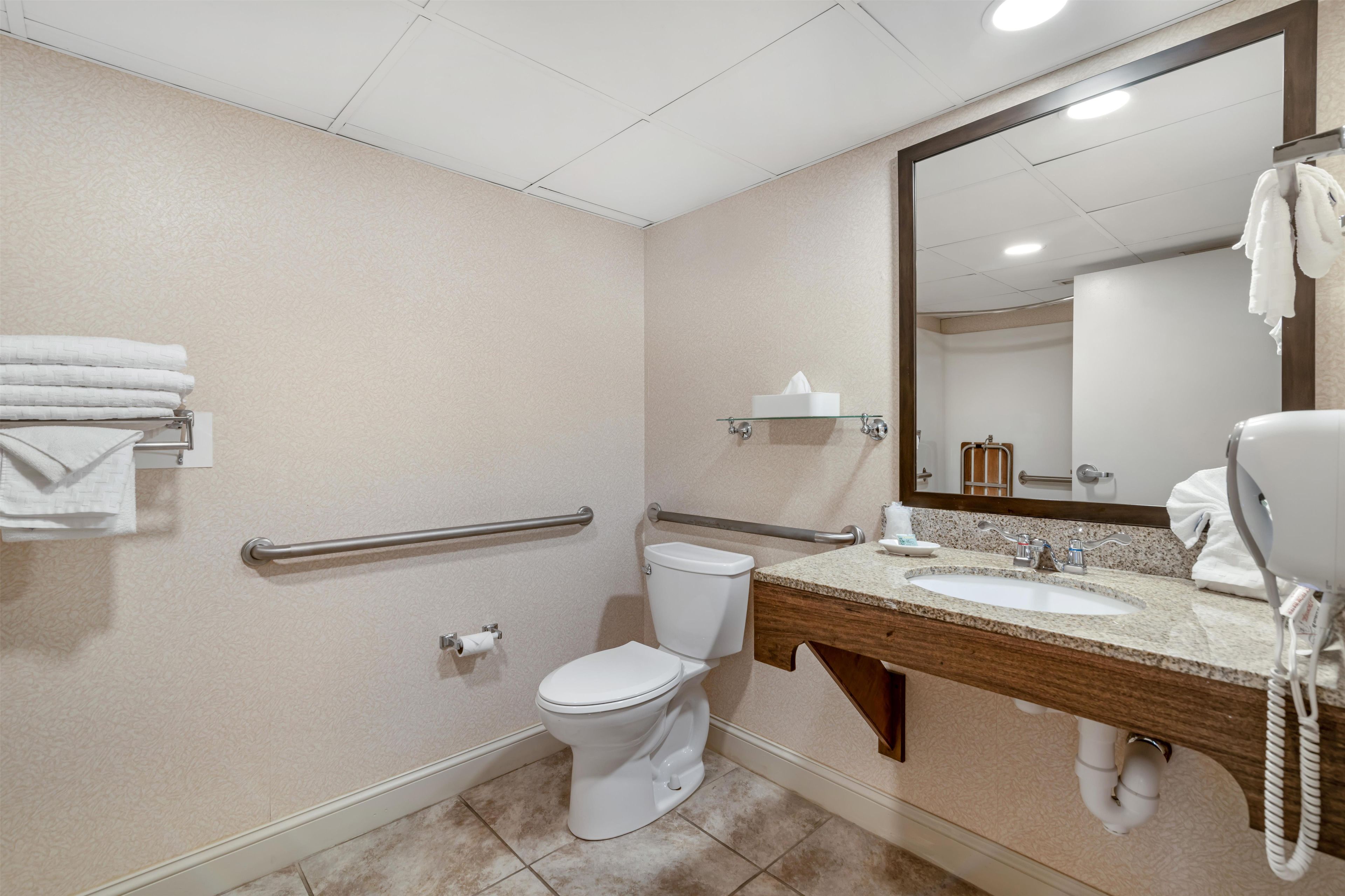 Une salle de bain équipée de toilettes, d’un lavabo, d’un miroir et d’un porte-serviettes.
