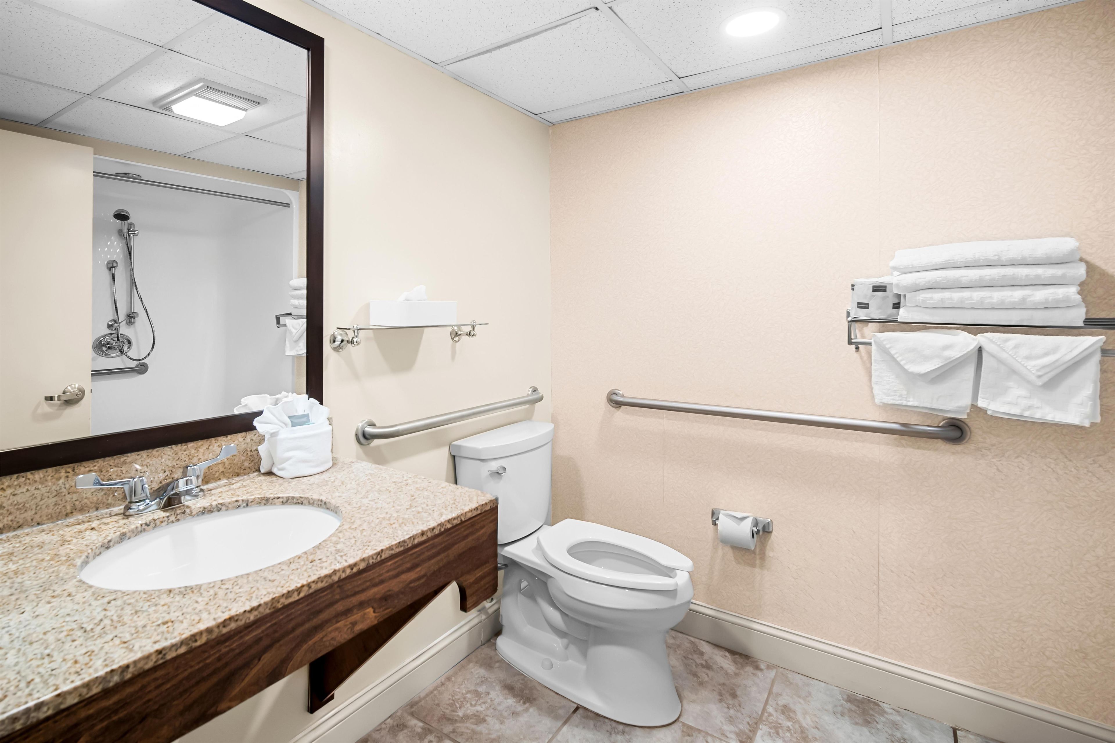 Un baño con lavamanos, inodoro y ducha.