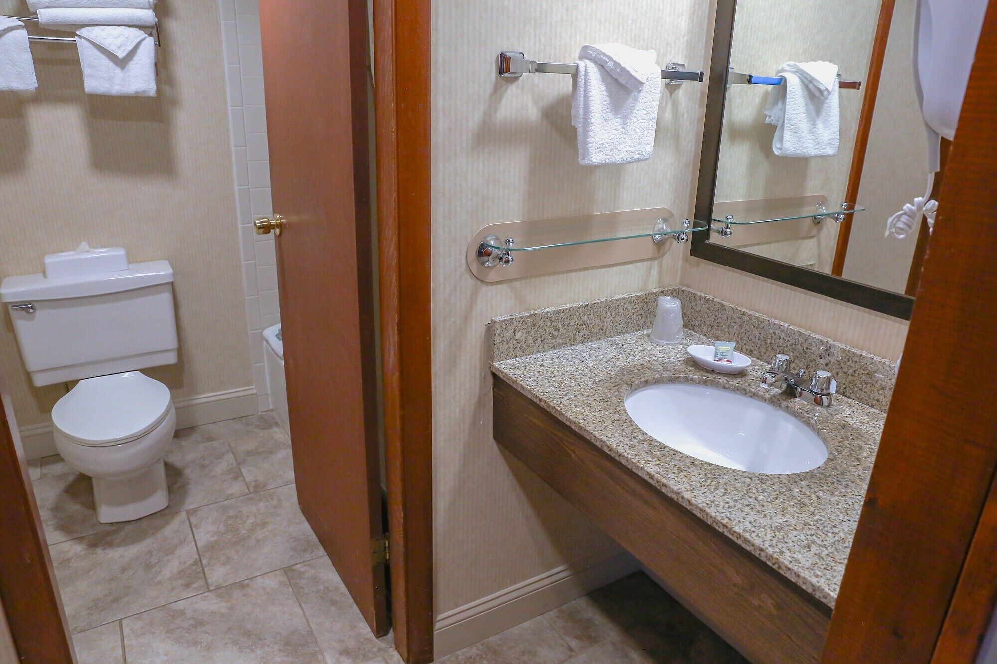Un bagno con servizi igienici, lavandino e specchio.