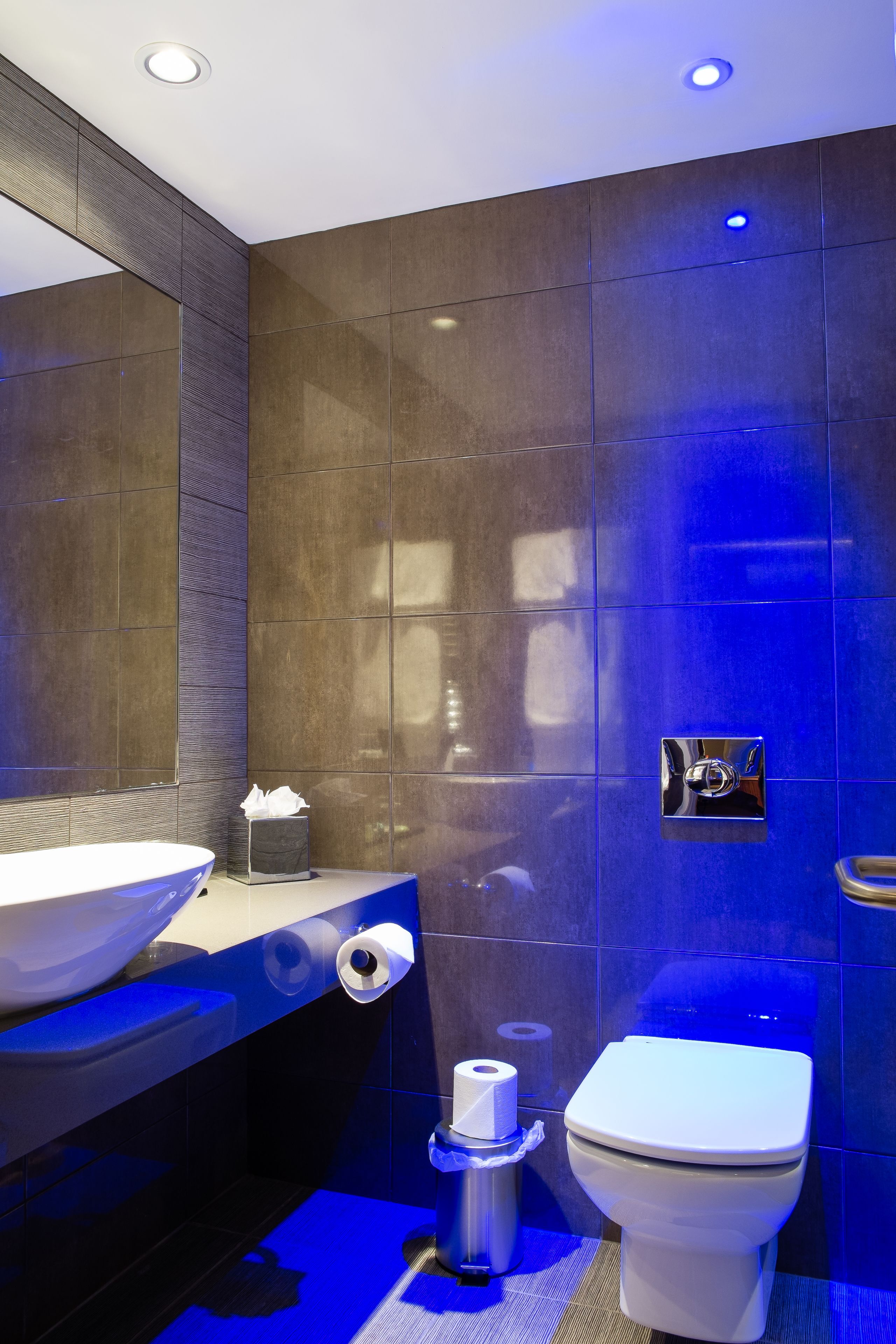 A modern bathroom with a large vessel sink, toilet, and a mirror above the sink.