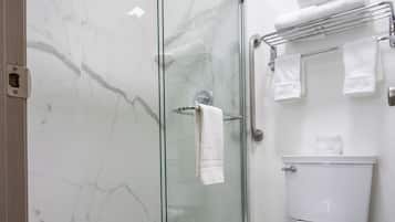 Combined shower/bathtub, free toiletries, hair dryer, towels