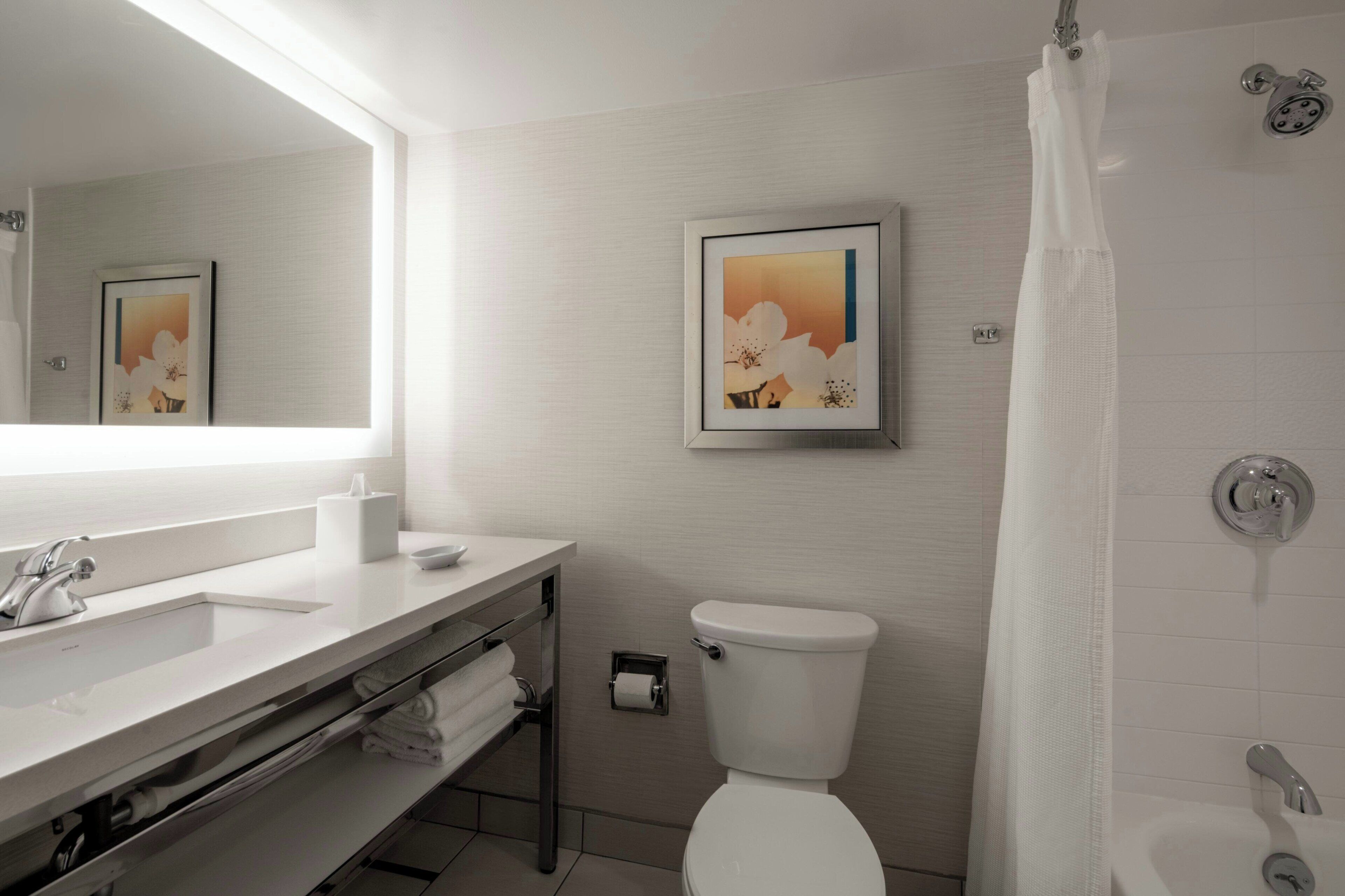 A bathroom with a white sink, a toilet, a shower, and a framed picture on the wall.