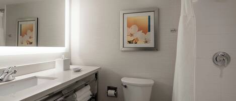 A bathroom with a white sink, a toilet, a shower, and a framed picture on the wall.