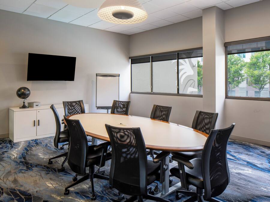 A conference room with a large oval table, black chairs, a flat-screen TV, a white cabinet, and a window with a view of trees.