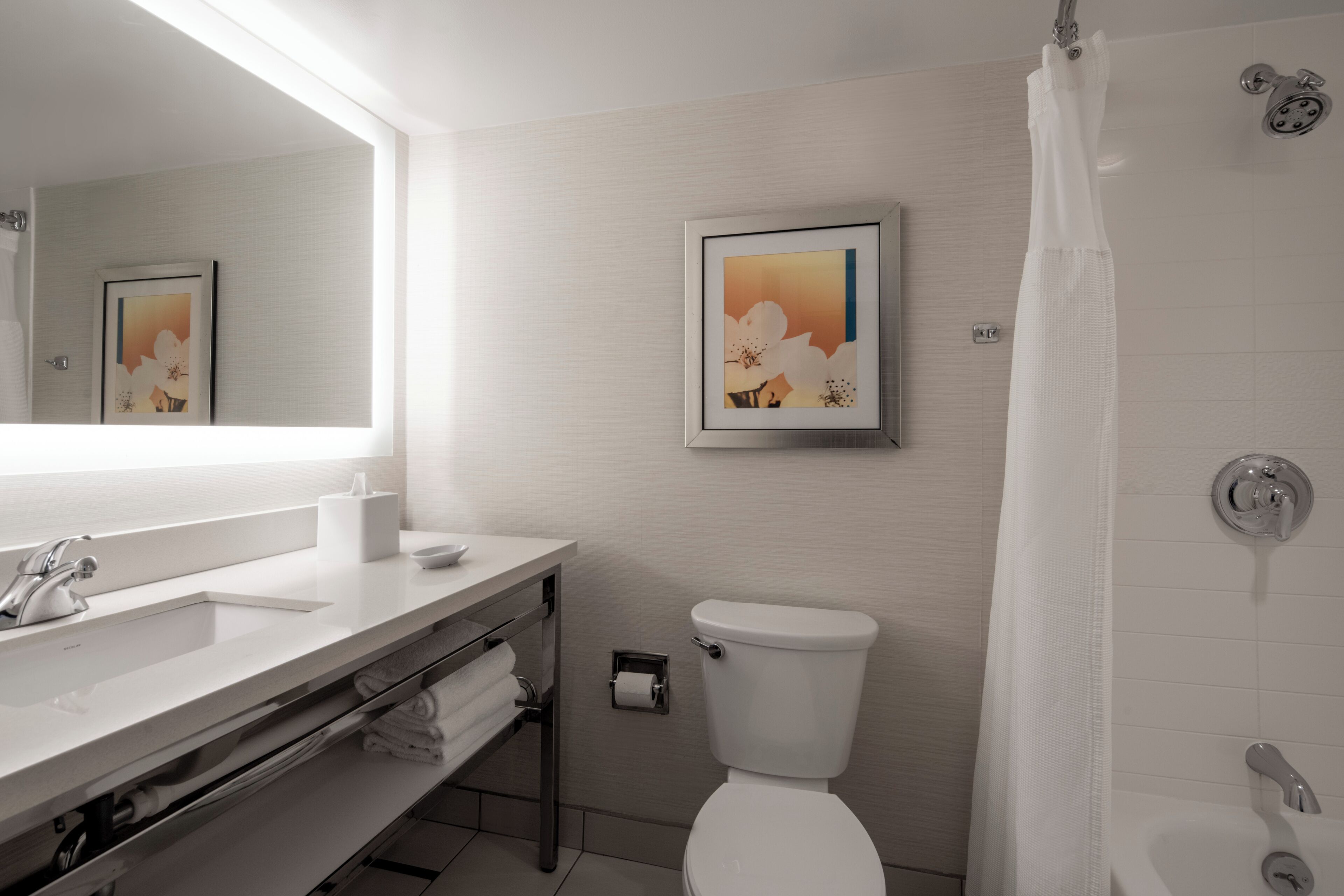 A bathroom with a sink, toilet, and shower curtain.