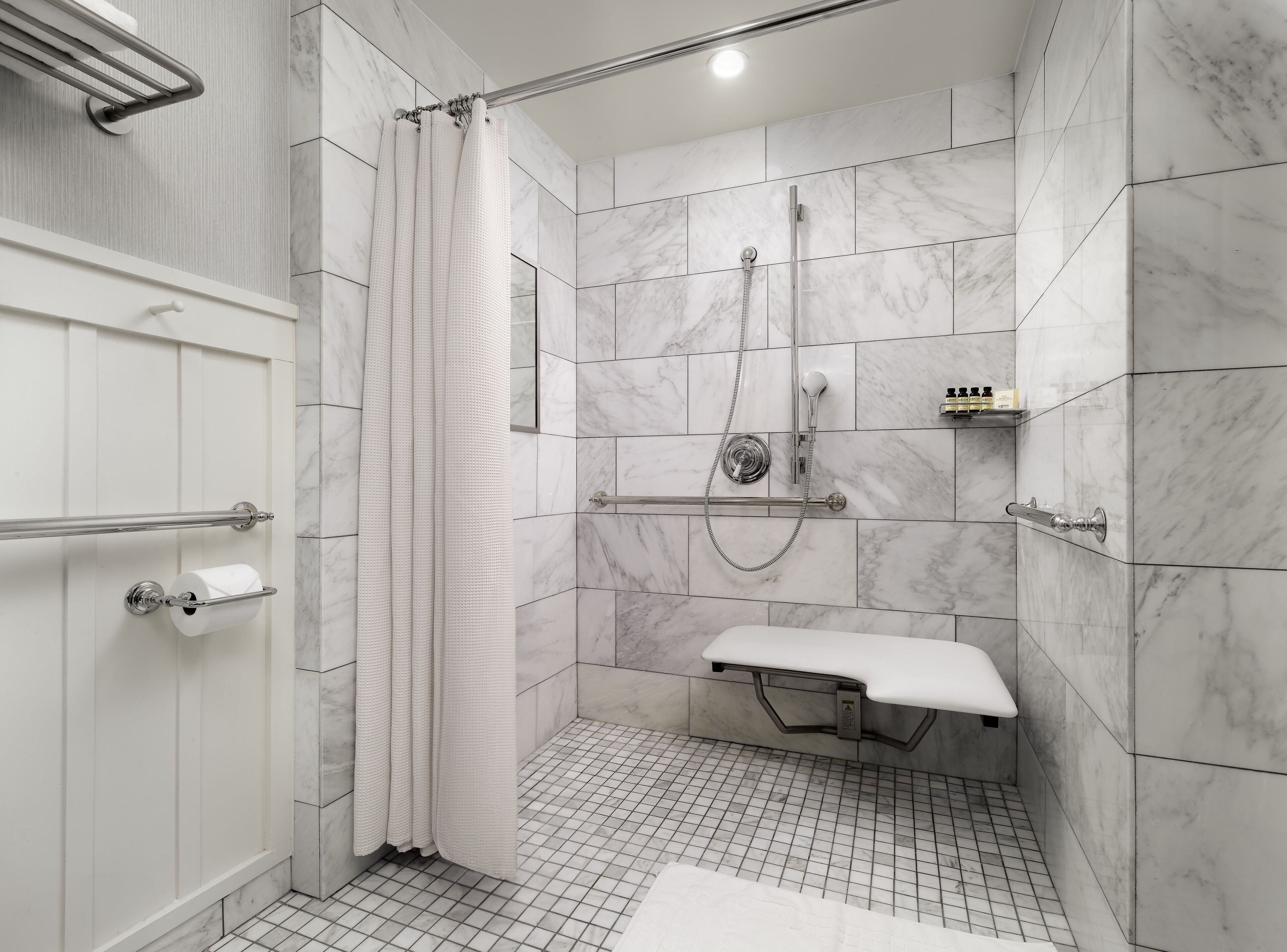 Une salle de bain moderne dotée d’une douche à l’italienne, de toilettes et d’une barre d’appui.