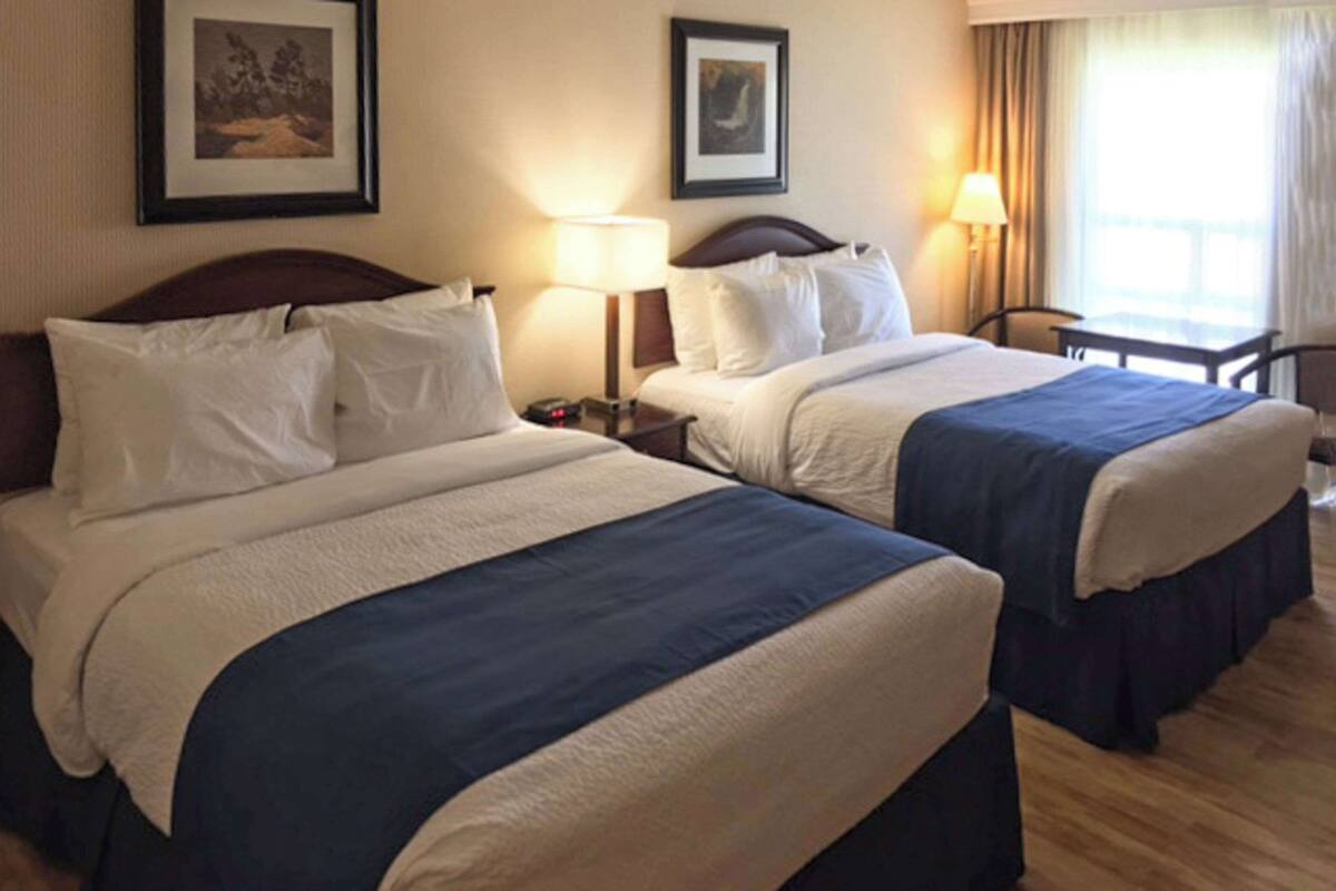 Ein Hotelzimmer mit zwei Betten, einem Nachttisch mit Lampe, gerahmten Bildern an der Wand und einem Fenster mit Vorhängen.
