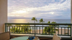 Een balkon met uitzicht op de oceaan en palmbomen.