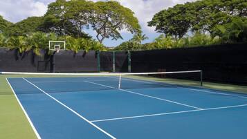 Un court de tennis avec un filet, entouré d’une clôture verte et d’arbres.