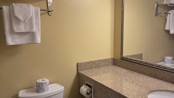 Un baño con inodoro, lavamanos, toallero y espejo.