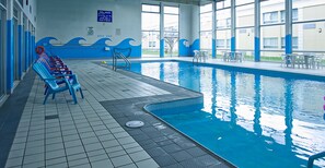 Indoor pool, open 9:00 AM to 10:00 PM, sun loungers