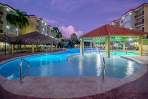 3 outdoor pools, open 10 AM to 10 PM, pool umbrellas, sun loungers