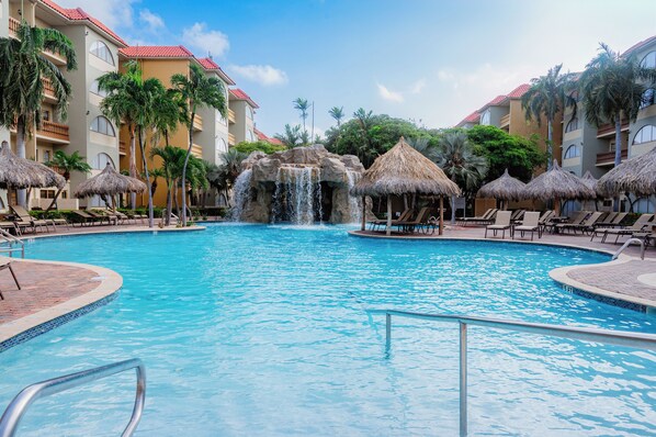 3 outdoor pools, open 10 AM to 10 PM, pool umbrellas, pool loungers