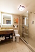 Shower, rainfall showerhead, eco-friendly toiletries, hair dryer