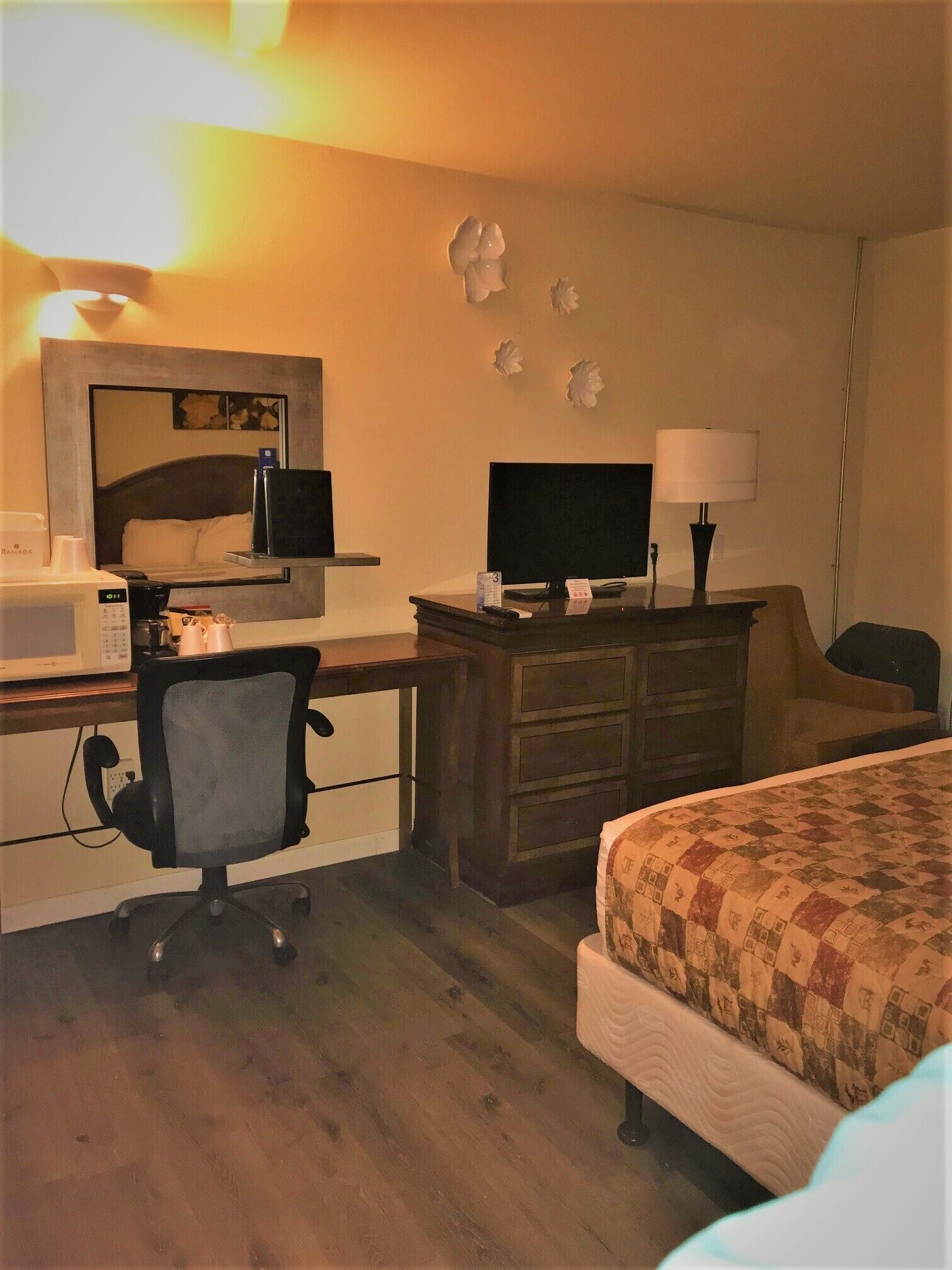 A hotel room with a bed, a desk with a computer, a chair, a dresser, and a lamp.