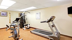 Een fitnessruimte met cardiotoestellen, krachttrainingsapparatuur en een loopband.