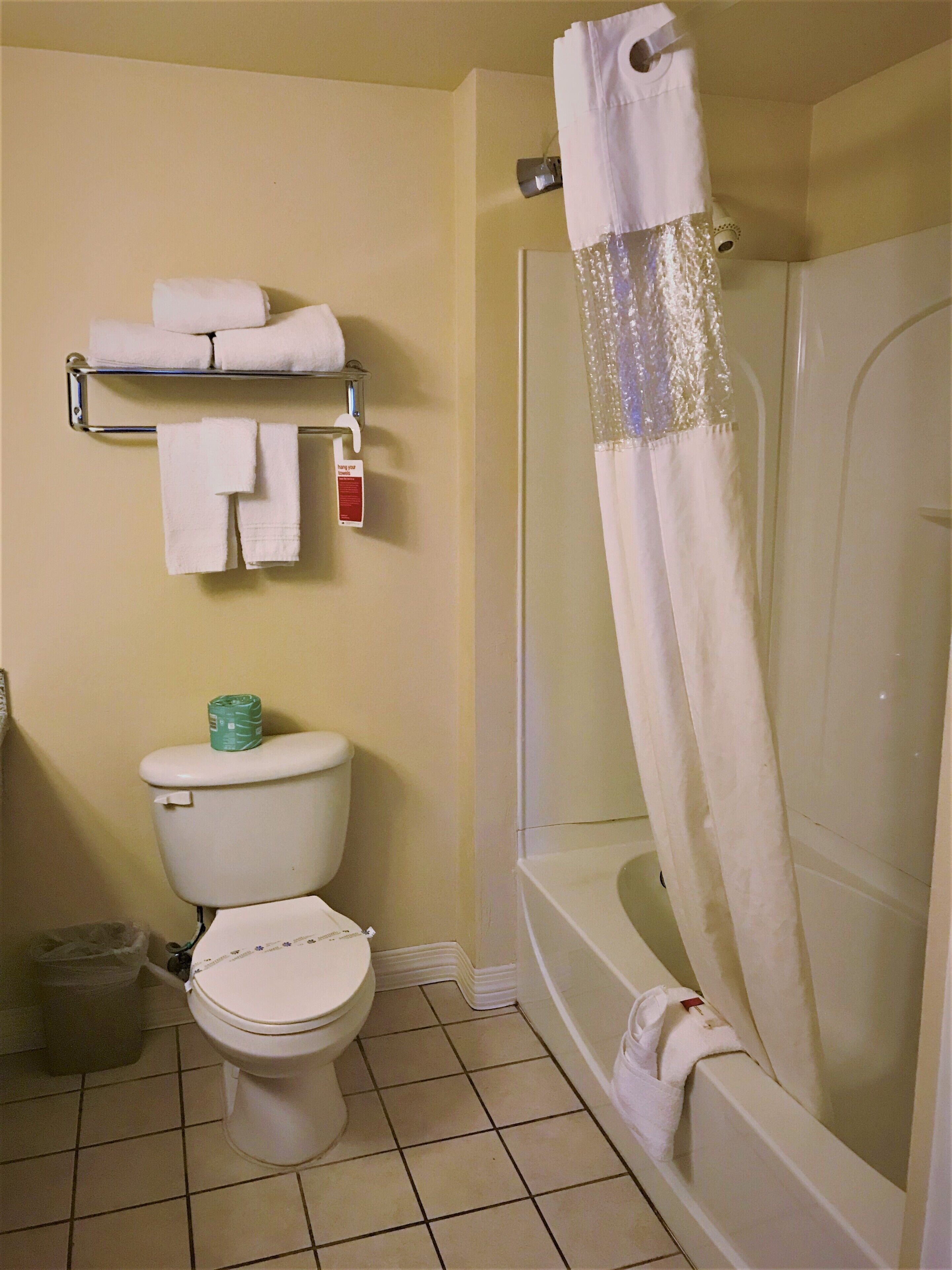 Une salle de bain comprenant des toilettes, une étagère avec des serviettes, un rideau de douche et une baignoire.