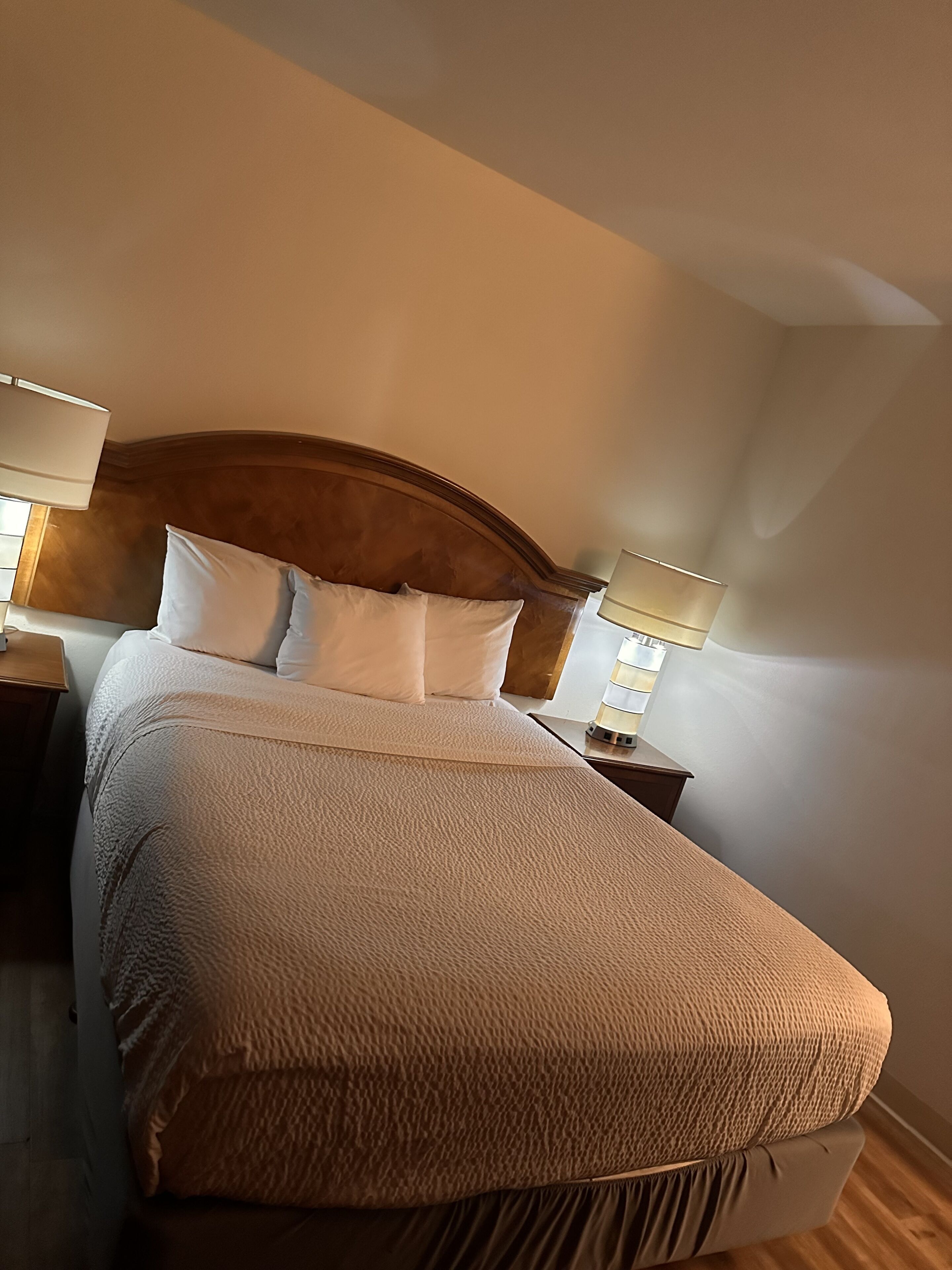 Une chambre d’hôtel avec un grand lit, une tête de lit en bois, deux tables de chevet avec des lampes et une vue sur le ciel.