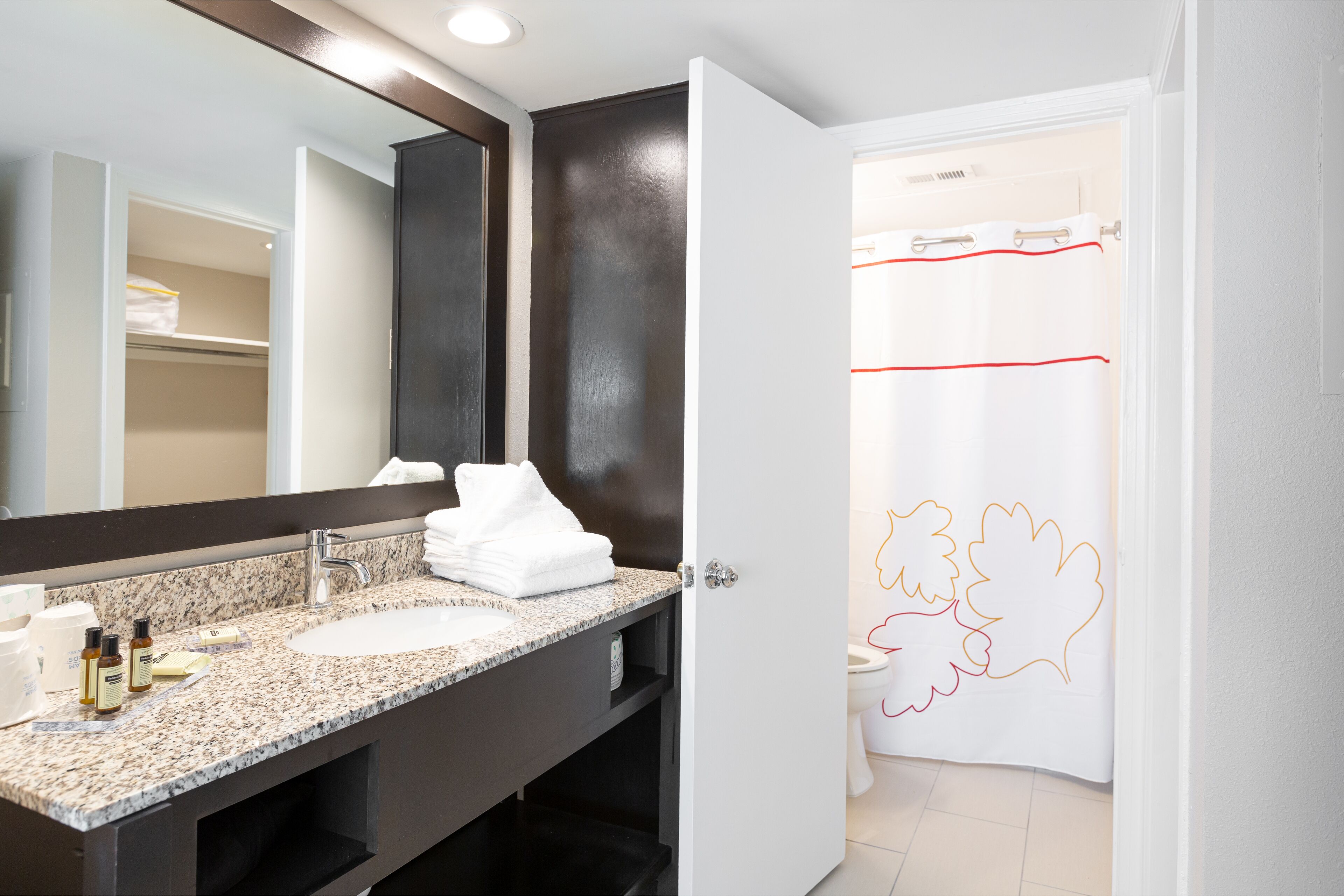 Separate bathtub and shower, towels, soap, shampoo