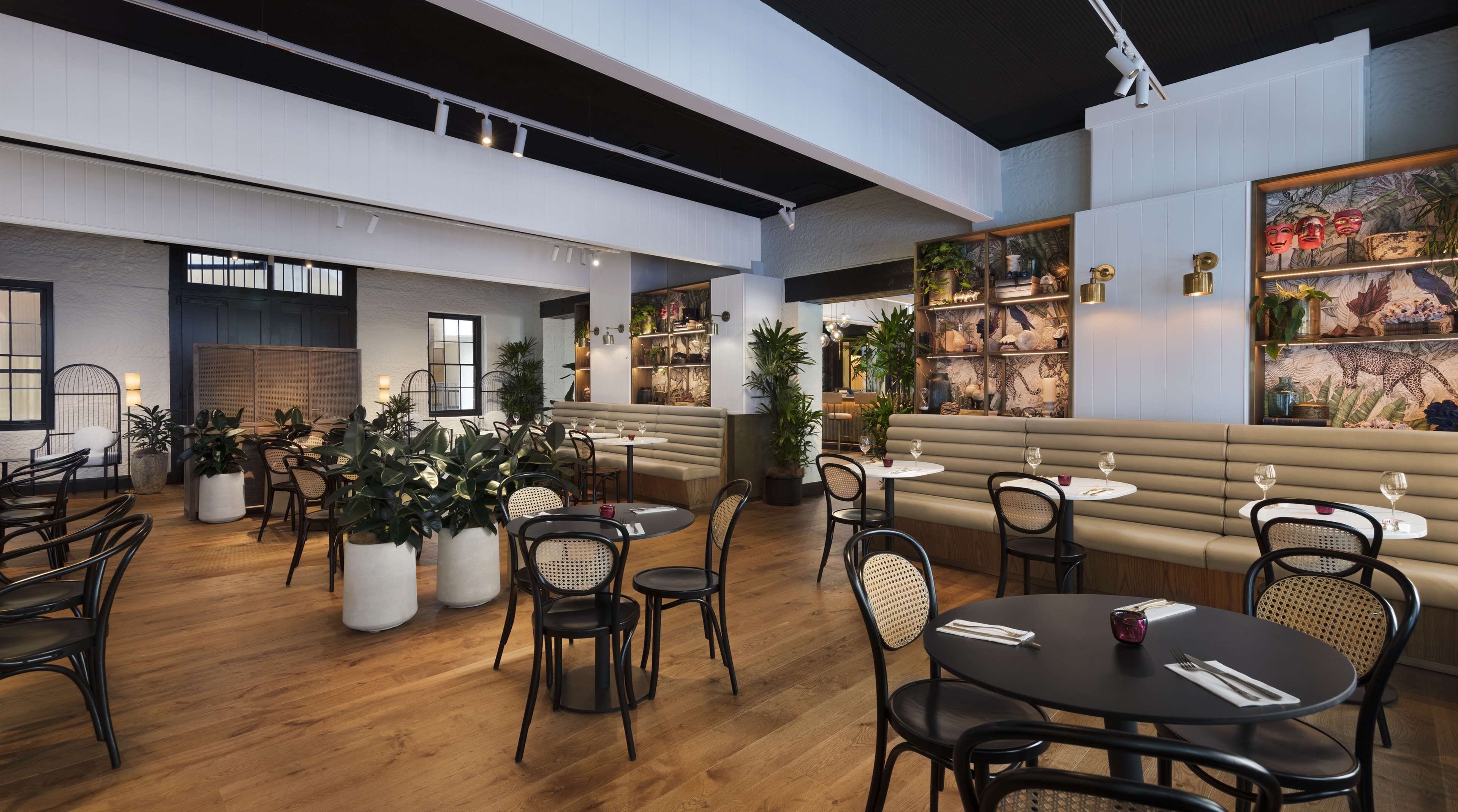 A spacious indoor area with multiple seating arrangements including tables and benches, surrounded by potted plants and shelves with decorative items.