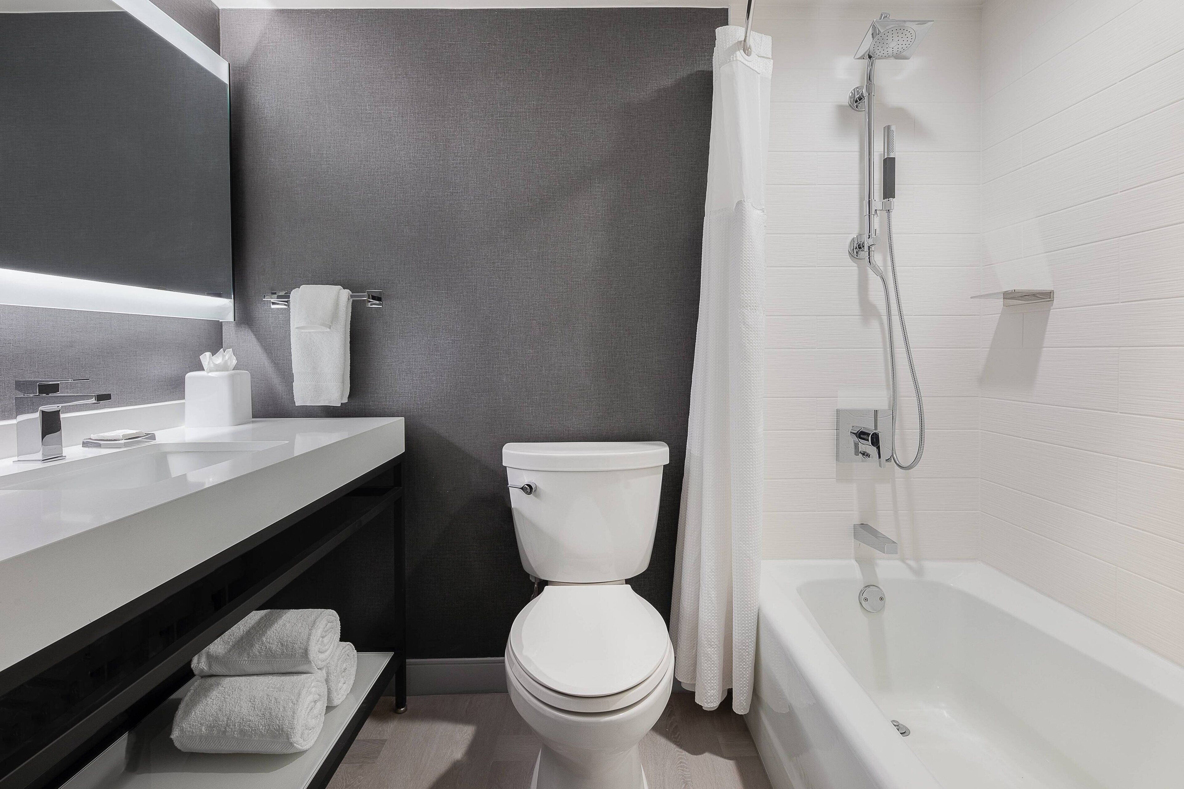Een moderne badkamer met toilet, wastafel en douche.