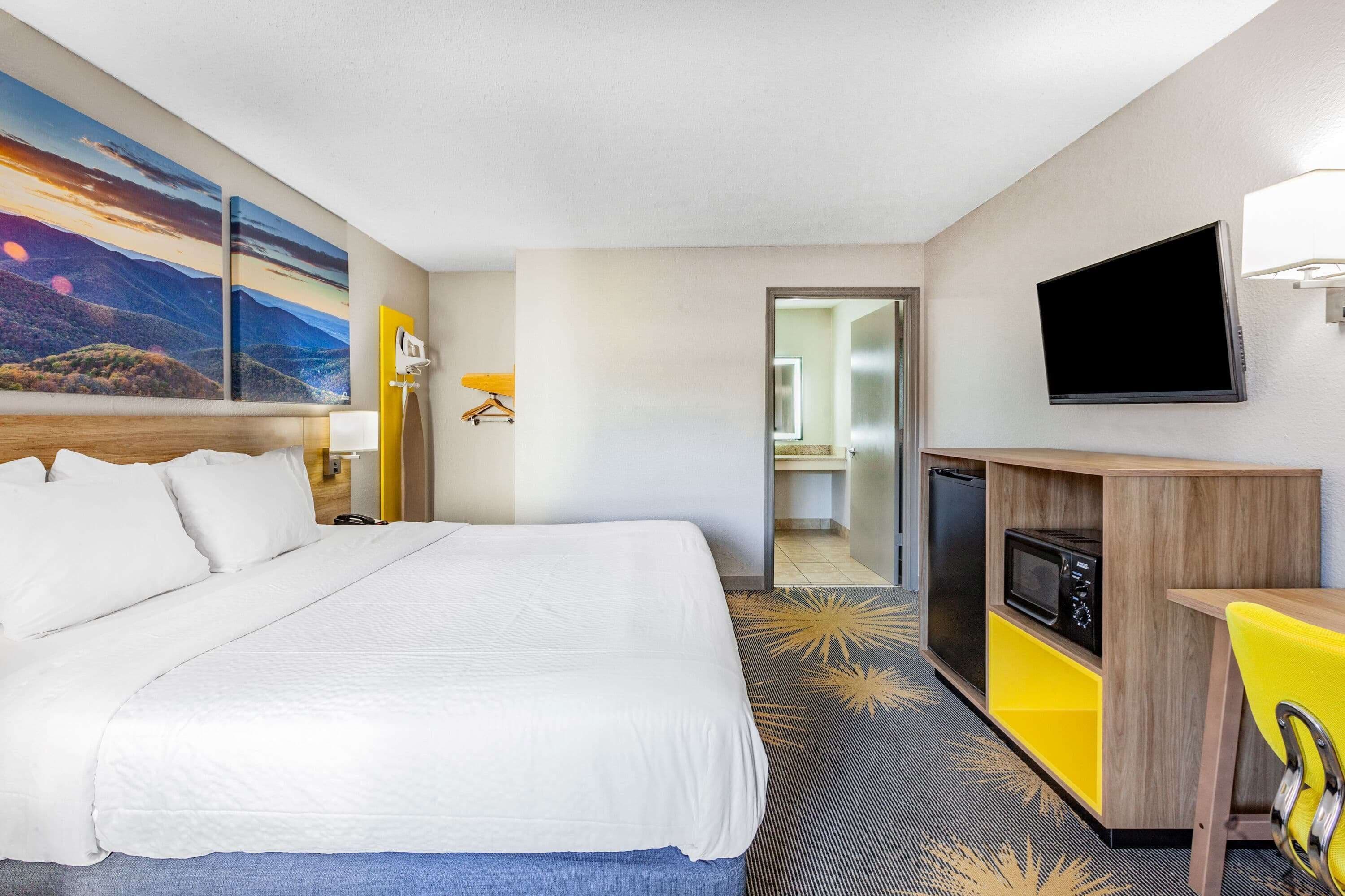 A hotel room with a large bed, a TV, a microwave, and a small desk with a chair.