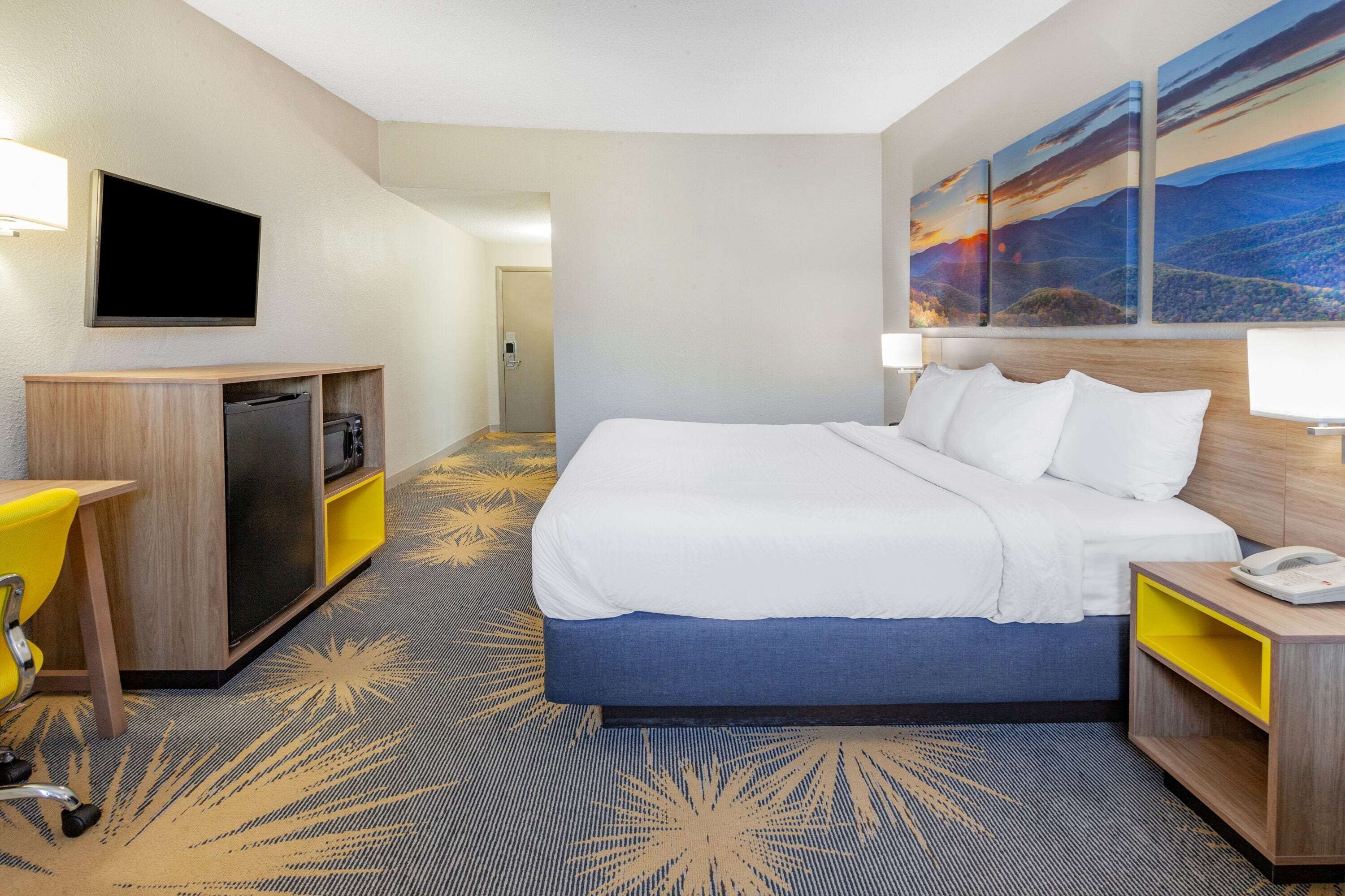 Une chambre d’hôtel avec un lit, un bureau, une télévision et des œuvres d’art accrochées au mur.