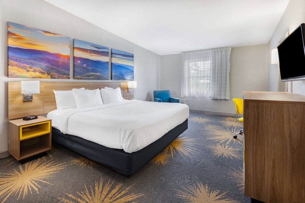 A hotel room with a bed, a desk, a chair, a TV, and artwork on the wall.
