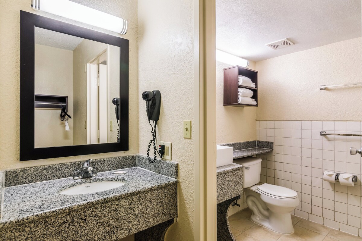 Combined shower/tub, free toiletries, hair dryer, towels