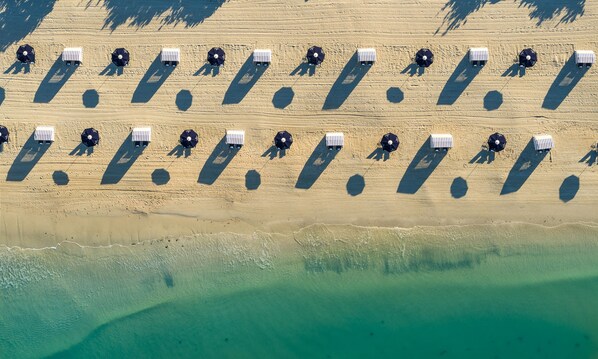 Vista aérea de una playa con hileras de sombrillas y cabañas de playa.