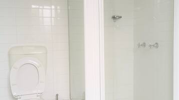 Un bagno con il water, un box doccia e uno scopino.