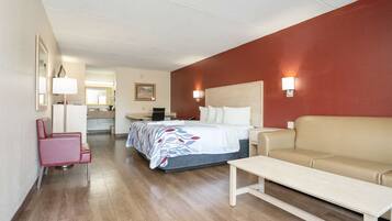 Desk, laptop workspace, blackout curtains, iron/ironing board