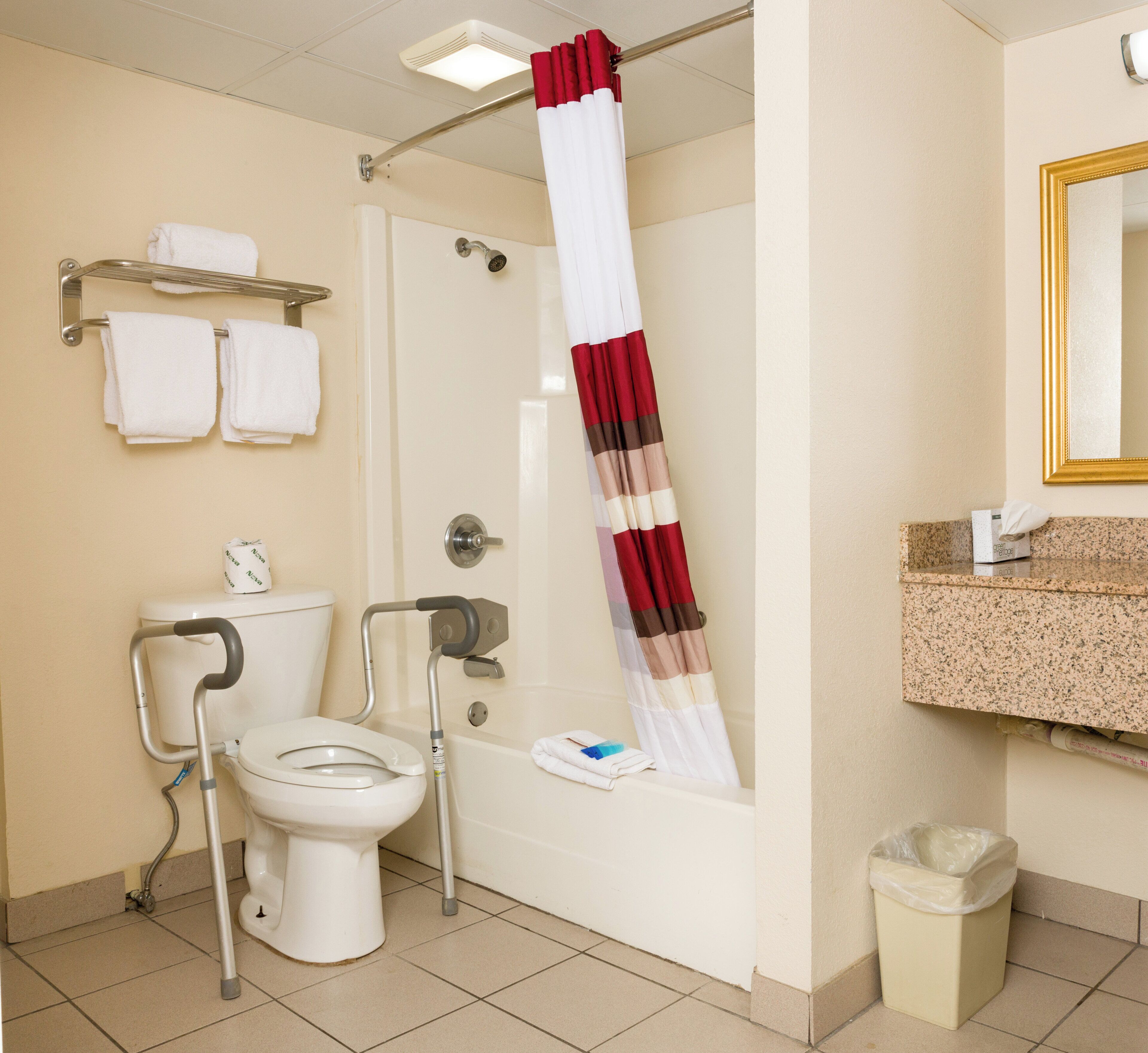 Une salle de bain équipée de toilettes, d’une douche, d’une barre d’appui, d’un porte-serviettes et d’une poubelle.