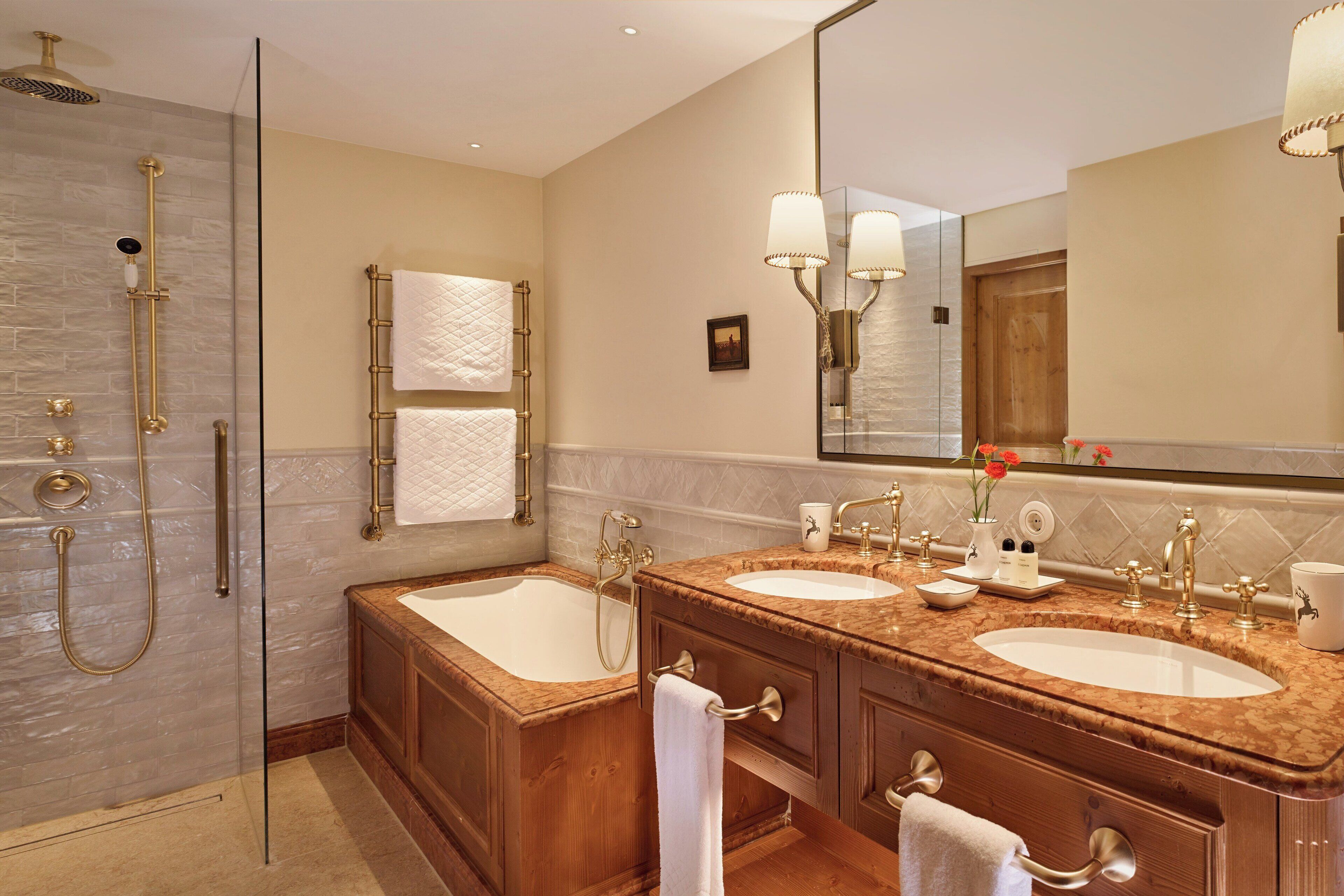 combined shower/bathtub, free toiletries, hair dryer, bathrobes