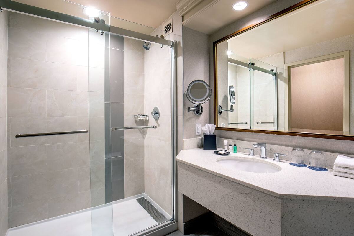 combined shower/bathtub, designer toiletries, hair dryer, towels