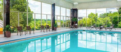 An indoor swimming pool with clear views of the outdoors, surrounded by lounge chairs and potted plants.