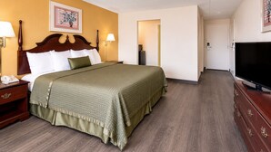 Una habitación de hotel con cama, lámparas de noche, televisor y un cuadro en la pared.