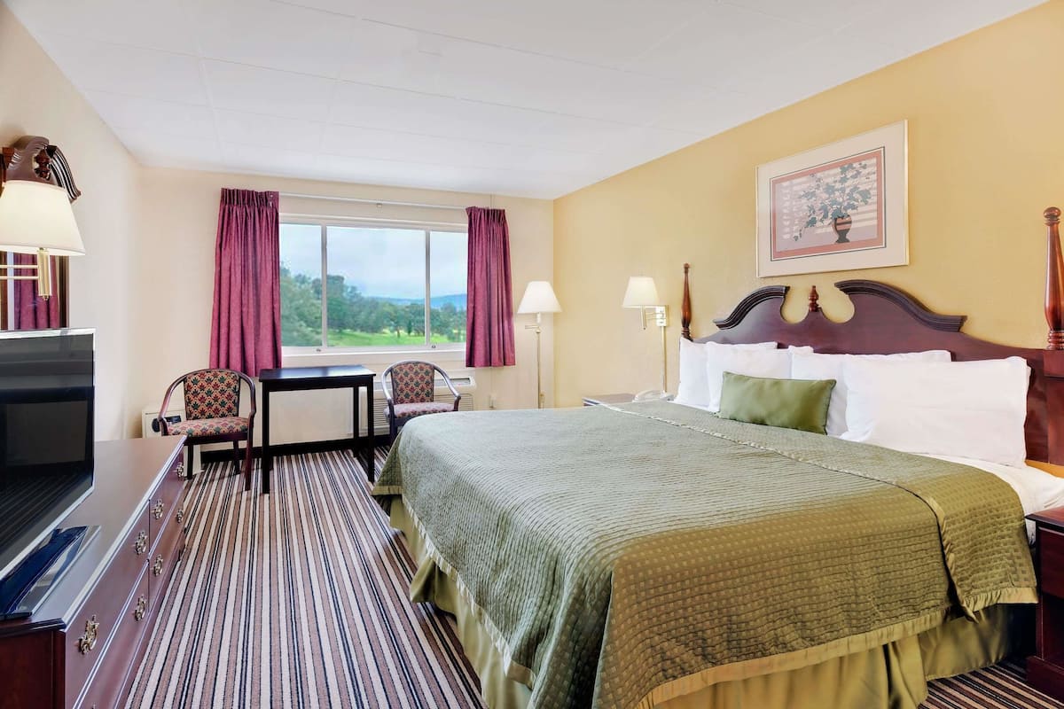 Une chambre d’hôtel équipée d’un lit, d’un bureau, d’une chaise, d’une télévision et d’une fenêtre avec des rideaux.